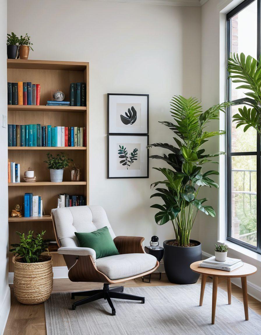 A serene and modern living space filled with natural light, featuring a cozy reading nook with a stylish armchair and a plant. In the background, there's a sleek bookshelf filled with colorful books and decor reflecting the theme of 'Shely Living'. A fresh cup of coffee is placed on a small table, and an open laptop displays trending articles about lifestyle and wellness. The overall atmosphere is inviting and contemporary, perfect for staying updated. super-realistic. vibrant colors. cozy aesthetic.