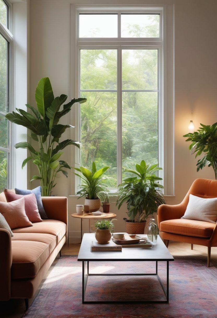 A cozy, beautifully decorated modern living room reflecting the Shely lifestyle, with lush indoor plants, stylish furniture, and soft lighting. Include elements like a gently steaming cup of herbal tea, a stack of inspiring books, and a sunny window showcasing a vibrant garden. The scene should exude warmth, comfort, and a connection to nature. super-realistic. vibrant colors. soft focus.